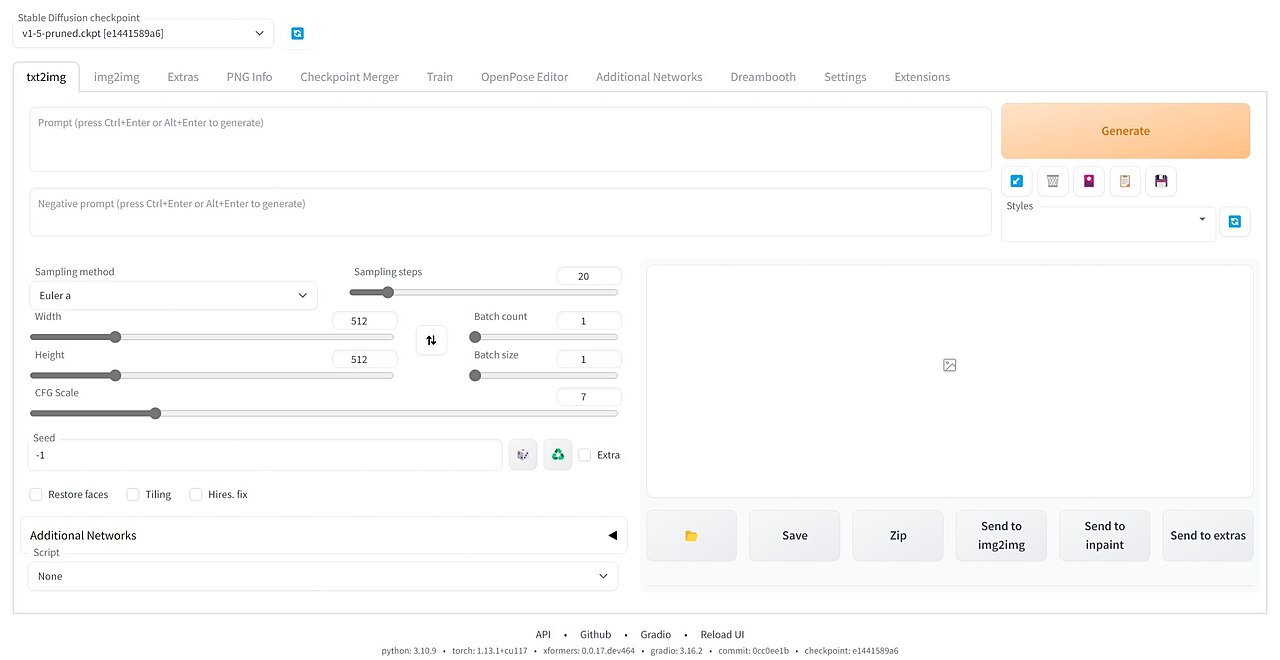 Stable Diffusion Web UI — Screenshot mit allen Einstellungen