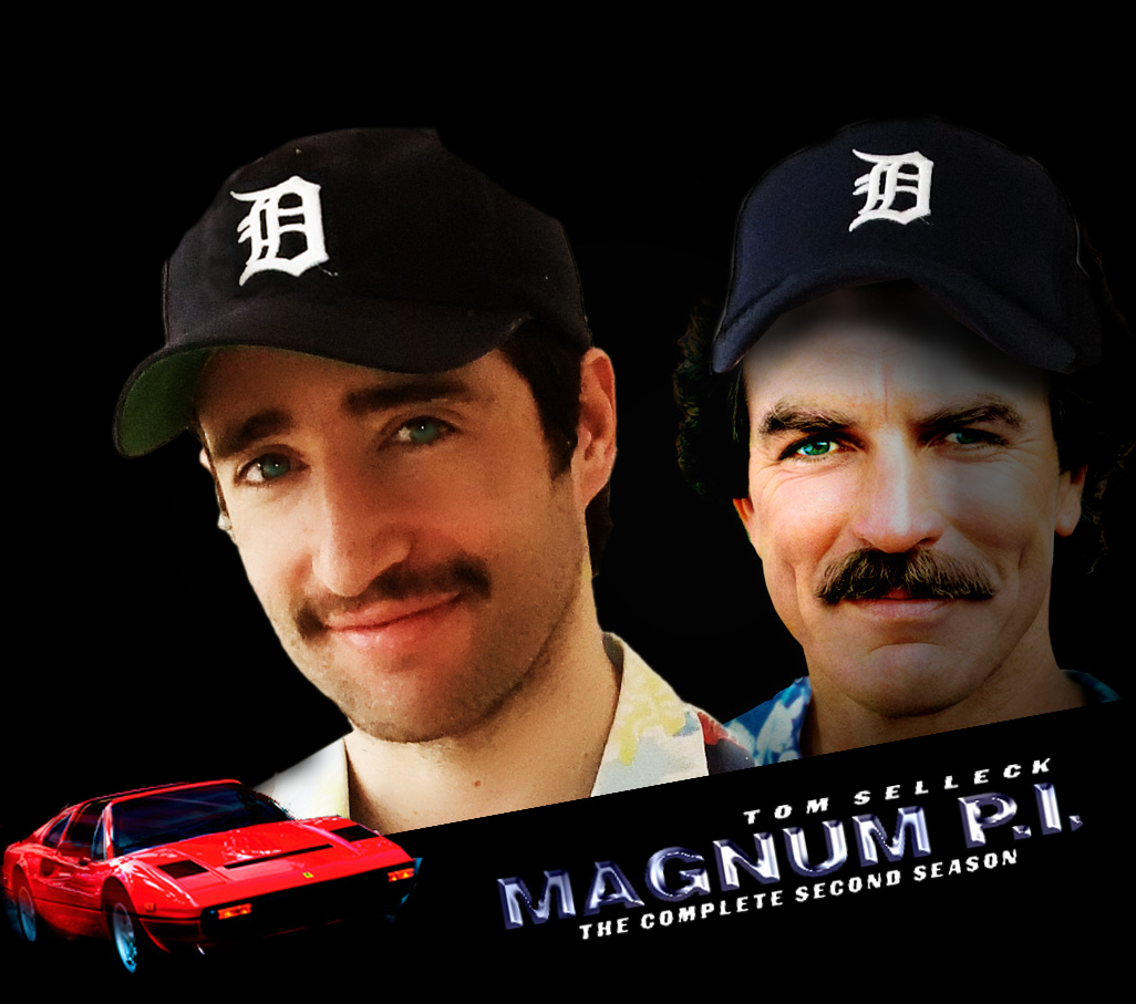 Photoshop-Komposit: Angel als Magnum P.I. neben Tom Selleck mit Detroit Tigers Cap und Schnurrbart