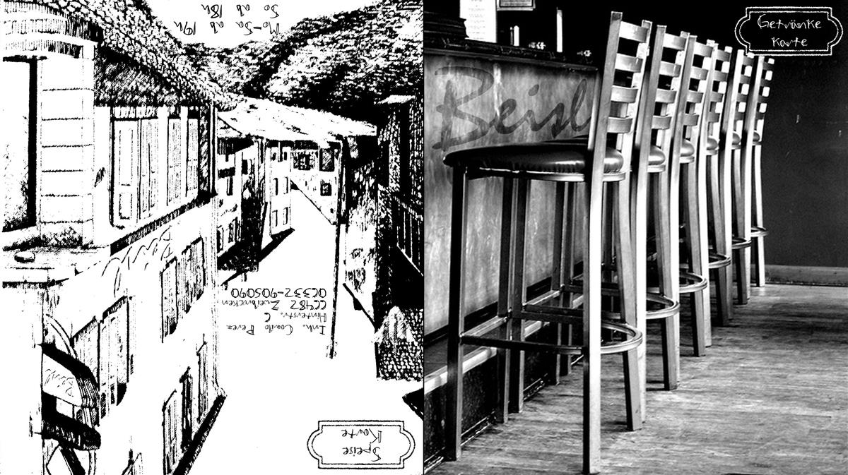 Beisl Speisekarte 2009 mit Scherenschnitt-Illustration