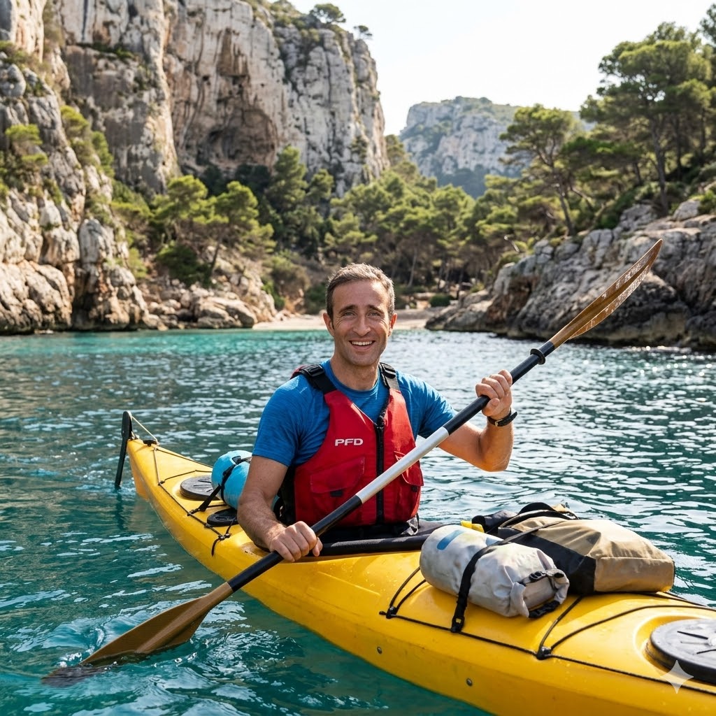 Seekajak in türkisblauem Wasser vor Felsküste — Mallorca oder Calanques