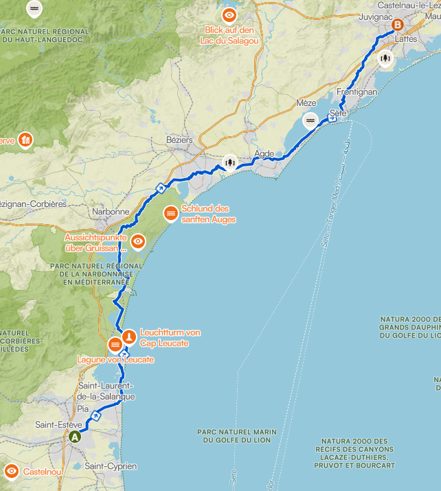 Wanderkarte Perpignan bis Montpellier entlang der Küste