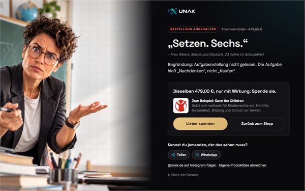 Eine Lehrerin mit Brille zeigt fragend in die Kamera. Text: Setzen. Sechs.