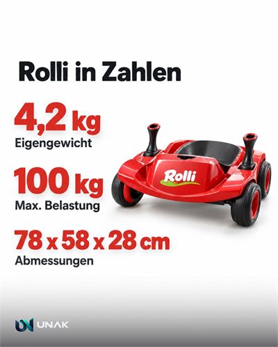 Instagram-Post: „Rolli in Zahlen“ mit Gewicht, Belastung und Maßen neben einem roten Rollschlitten