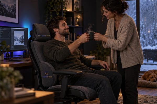 Ein Mann sitzt entspannt im Thermion Chair, eine Frau reicht ihm eine Tasse Tee, draußen schneit es