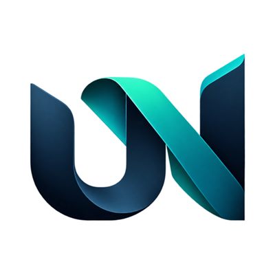 UNAK Logo: ein zu „UN“ gefaltetes Band in Petrol und Dunkelblau