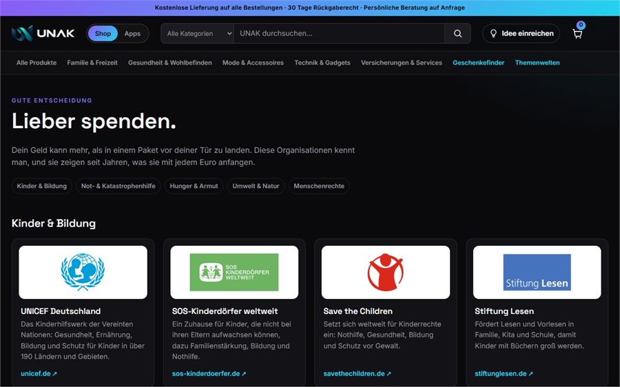 Seite Lieber spenden mit Themenfiltern und Karten von UNICEF, SOS-Kinderdörfern, Save the Children und Stiftung Lesen